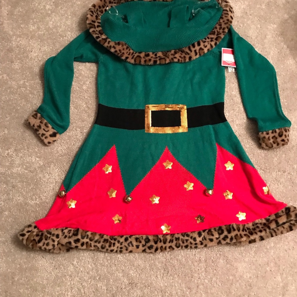 Womans ugly Christmas sweater dress bells Santa elf smell